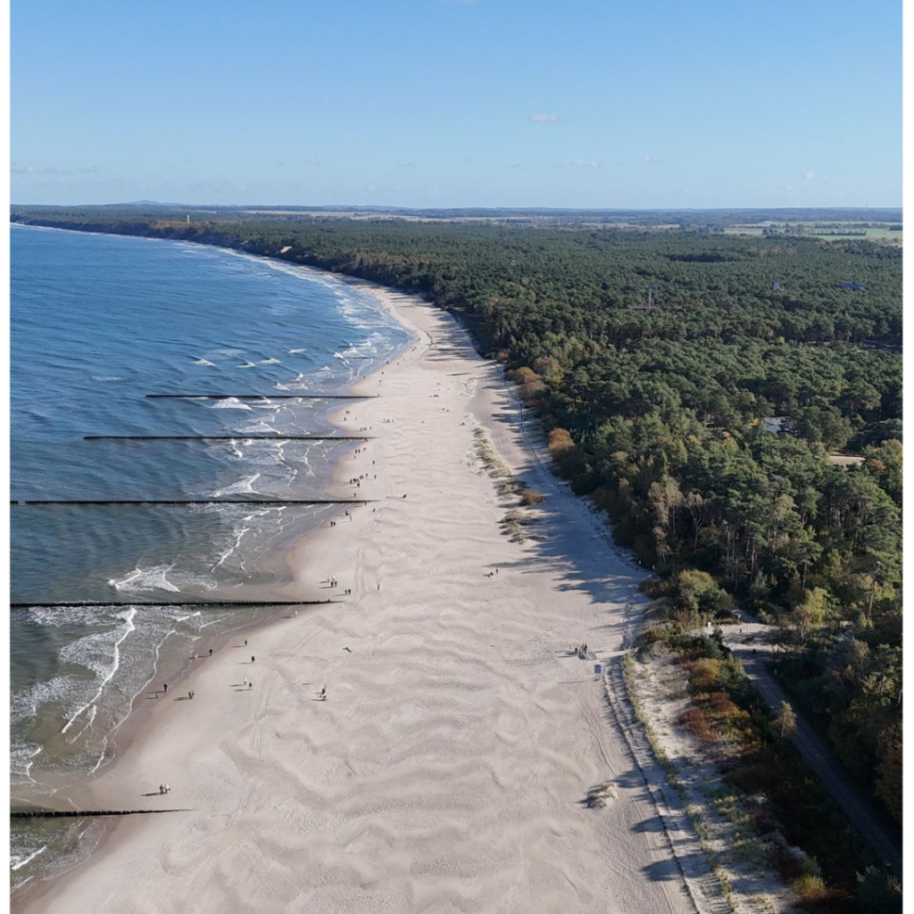 Widok z lotu ptaka na piaszczystą plażę, falochrony i pas sosnowego lasu w Ustce